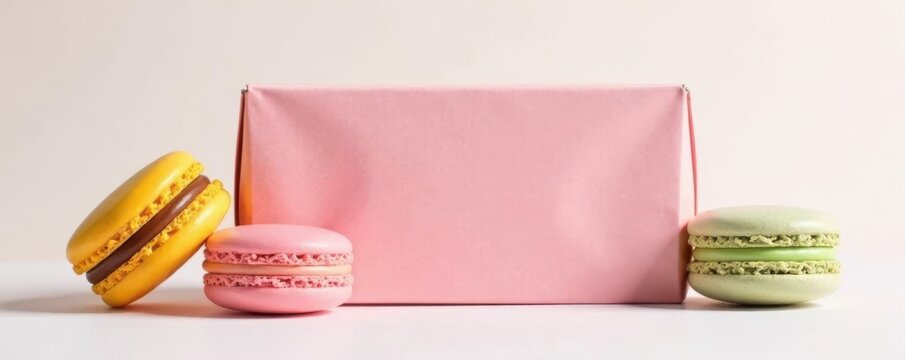 Elegant macaron packaging, blank rectangle, white backdrop, design, mockup, packaging