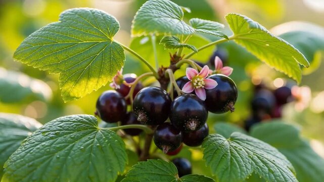 Black currant berries growing with blossoms on green leaves  
