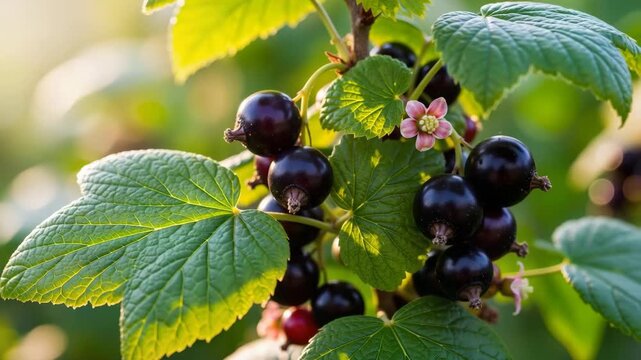 Fresh blackcurrant berries on bush with green leaves in sunlight  
