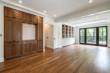 Obraz premium Spacious room with wooden floors and built-in cabinets and bookshelves interior empty
