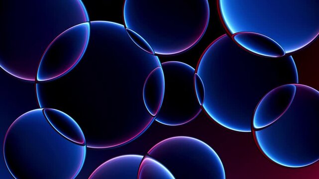 Futuristic glowing neon glass bubbles floating in dark space. Smooth abstract lenses overlapping and refracting vibrant neon light. Dynamic composition of glossy glass lenses. Seamless loop. 4K video