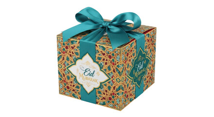 Photo-realistic 3D Render of Decorative Eid Mubarak Gift Box with Ribbon Bow