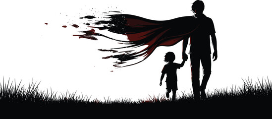 Father and son walking in grass field silhouette, man wearing a cape, superhero dad, parenting, childhood imagination, flavector, isolated background. © Rahim 
