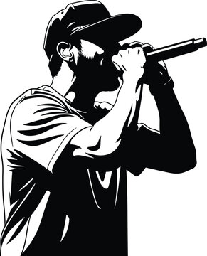  Male singer performing on stage silhouette, rapper holding microphone, musician artist in cap, hip hop performance, music concert, flavector, isolated.
