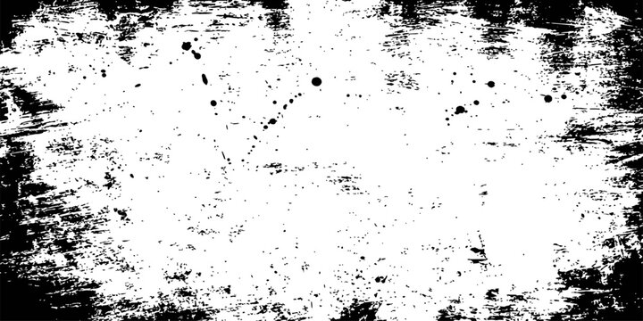 Black and white grunge distressed border frame with ink splatters high contrast texture overlay background vector element