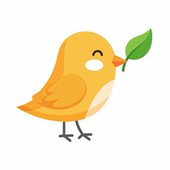 Fototapeta premium Cute yellow cartoon bird holding a fresh green leaf in its beak symbolizes nature and springtime joy.