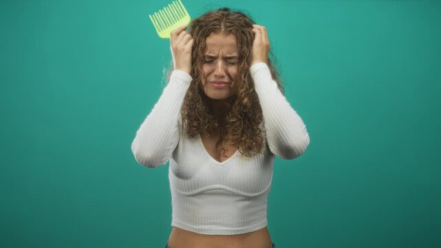 Woman holding a wide tooth comb and clutching her curly hair while grimacing in studio; frustration hair care.