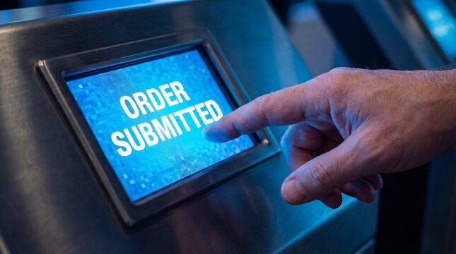 Person submitting order on digital touchscreen device with blue illuminated screen and confirmation message in modern technological interface