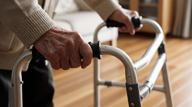 Elderly person using walker in a home setting to gain independence and improve mobility during day-to-day activities