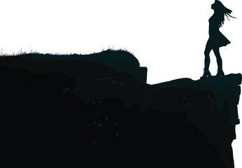Obraz premium Woman standing on cliff edge silhouette, looking at sky, hair blowing in wind, freedom success, mountain peak, flavector, isolated, isolated.