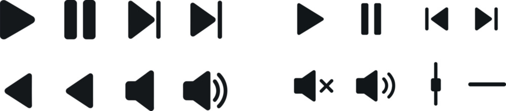 Different media control icons are arranged in a grid format, including play, pause, stop, rewind, fast forward, and volume controls. The symbols are simple and stylish, ideal for design use.