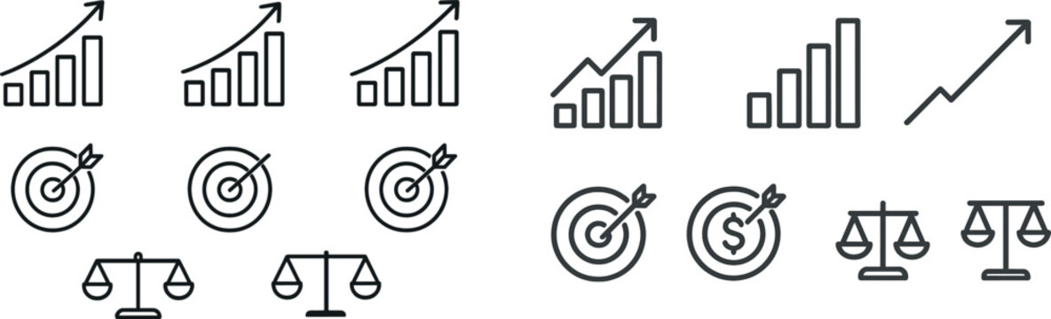Visual representation highlights growth trends with upward graphs, target goals with arrows, and balance scales for decision-making in business settings.