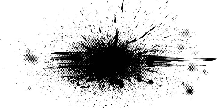 Black Grunge Paint Splatter Explosion Vector Distressed Ink Splash Texture with Halftone Dots