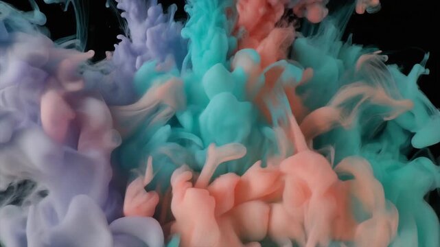 Futuristic ink in water simulation slow blooming color clouds turquoise coral lavender seamless surreal ambience cascading softly abstract unique style ultra realistic cinematic loop