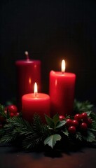 Ornate advent wreath, four lit candles, dark background, lit, festive