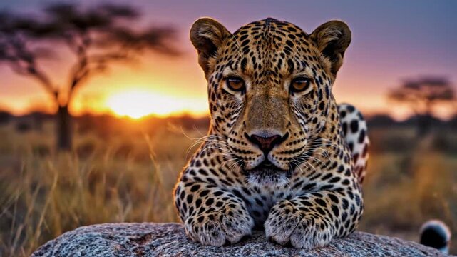Leopard resting on rock at sunset in African landscape with trees and golden grass in the background
