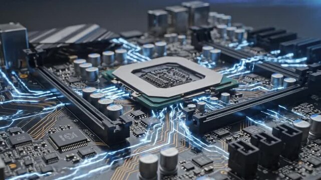 Close view of a computer motherboard showing CPU and connections during assembly in a tech lab