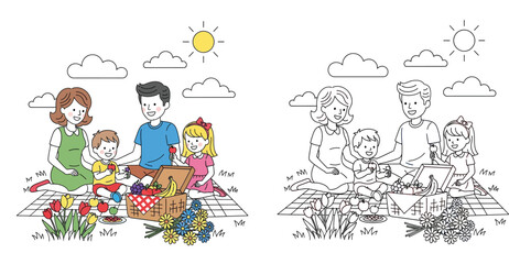 Family picnic coloring book page. Happy parents and children eating fruit outdoors on a sunny day. Vector cartoon illustration colored and black outline version.