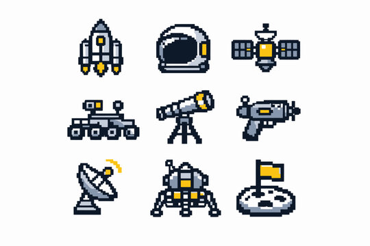 Pixel art space icons: rocket, helmet, satellite, telescope, lander, and flag