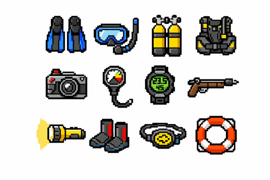 Pixel art collection of scuba diving gear and equipment icons