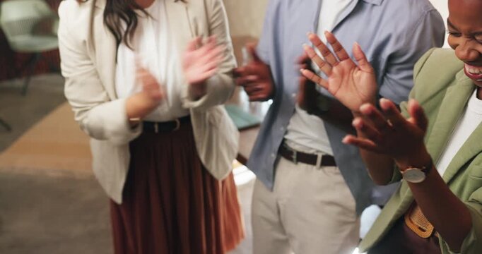 Applause, hands stack and business people in workplace, copywriting and celebration for news report. Clapping, excited or journalist in office, gesture for achievement and cooperation for submission