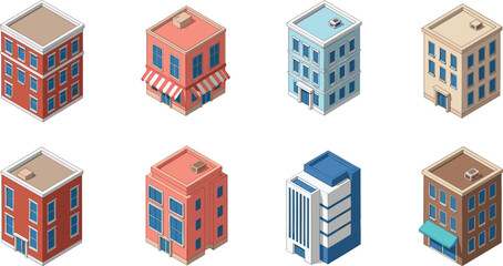 Isometric, city, buildings, collection, urban, architecture, commercial, residential, office, facade, exterior, modern, colorful, block, property, realestate, illustration, vector, isolated, set © LatifunNahar