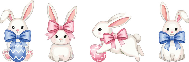 Fototapeta premium Cute, easter, bunny, collection, cartoon, rabbits, eggs, bow, pastel, holiday, spring, animal, character, illustration, vector, festive, adorable, isolated, design, set