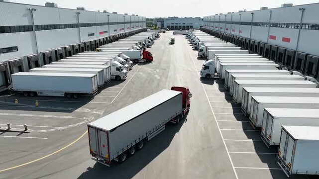 Trucks park and unload at a large distribution center in the daytime near a busy warehouse area
