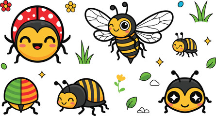 Cute Kawaii Insect Cartoon Set with Ladybug Bee Beetle and Smiling Bug Characters Flat Vector Illustration.