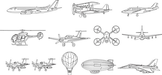 Aircraft and aviation illustration set featuring airplanes, helicopter, drone, airship, hot air balloon and military jet line art © LatifunNahar