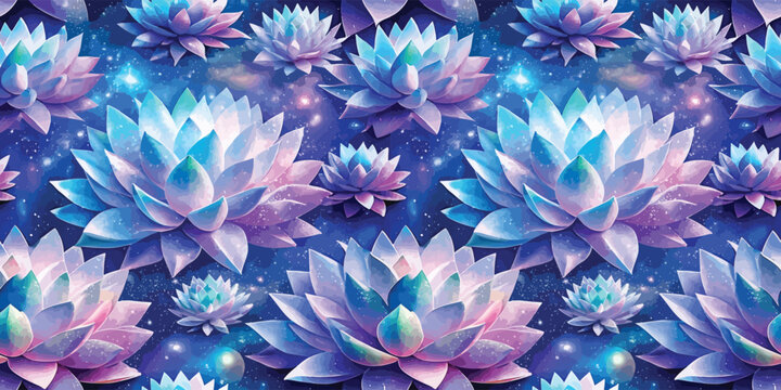 A mesmerizing array of glowing water lilies floating in an ethereal cosmic night Vector