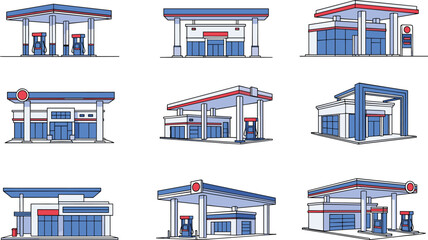 Modern gas station set fuel service buildings petrol pump architecture collection, urban energy refueling infrastructure commercial transport industry illustration bundle © LatifunNahar