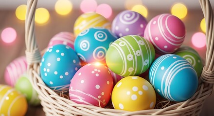 Fototapeta premium Easter sunday christian celebration with colorful decorated eggs in a basket