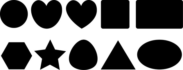 Black geometric shape silhouette set vector collection, circle heart square rectangle hexagon star triangle oval icons