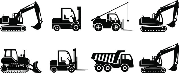 Heavy Construction Machinery Silhouette Set, Excavator Forklift Dump Truck Vector Collection, Industrial Vehicle Crawler Graphics, Building Site Equipment Illustration Pack © Mou