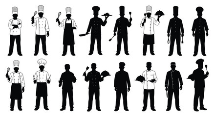 A collection of black silhouette figures depicting various chef poses and tools