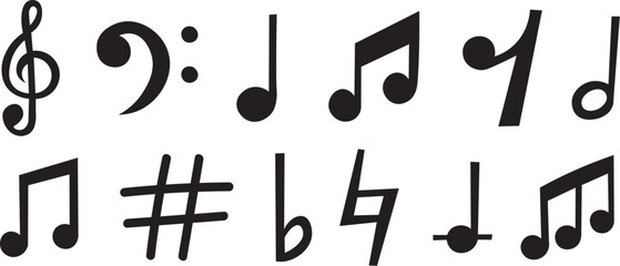 Black music symbols set, treble clef, musical notes and notation icons collection