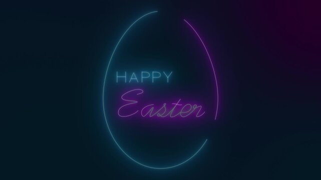 Video animation of an Easter greeting card with handwritten Easter wishes Happy Easter in neon blue and neon magenta and an Easter egg on a dark background - abstract background - seamless loop - vaca