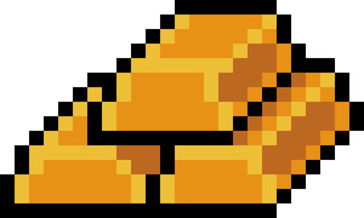 Fototapeta premium Pixel art gold bar ingot stack icon in retro 8 bit style. Classic RPG treasure resource with stacked bullion ingots. Arcade game asset for UI, fantasy mobile game item