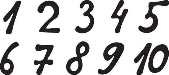 Hand drawn brush numbers set 1 to 10, black handwritten bold numerals collection