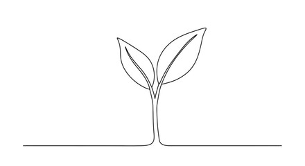Obraz premium Minimalist Continuous Drawing of a Sprouting Plant with Two Leaves on White Background