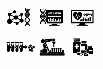Biotechnology and medical research symbols including dna molecules and lab equipment