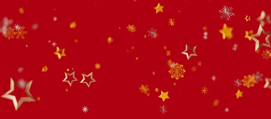Christmas red background with festive gold stars and snowflakes floating. Perfect for seasonal greetings, holiday designs, and celebrations.  Id © vegefox.com