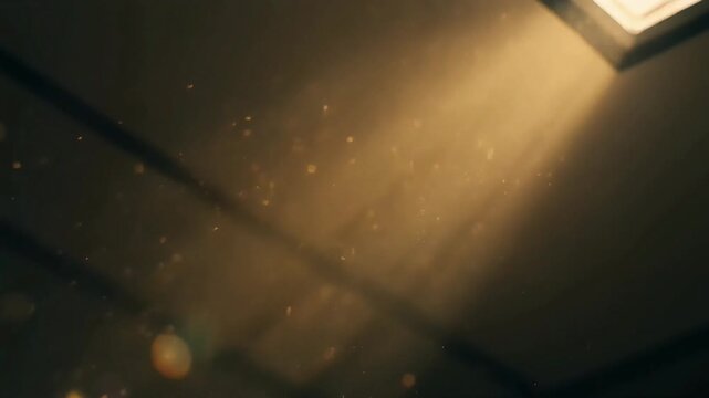 Dust particles dance and float in a warm beam of sunlight streaming into a cozy skylight room.