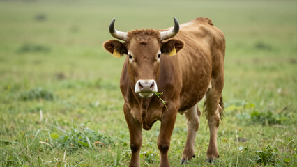 Obraz premium Brown Cow Standing In A Lush Green Field With Grass And Open Sky During The Day