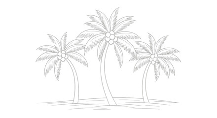 Obraz premium A detailed line drawing of three palm trees with coconuts, set against a simple ground.