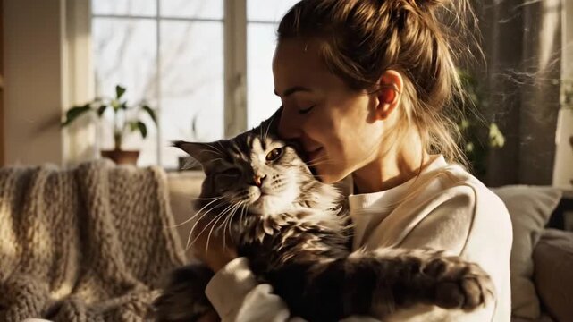 Woman sits on couch in bright room and cuddles with fluffy cat while smiling on a sunny afternoon