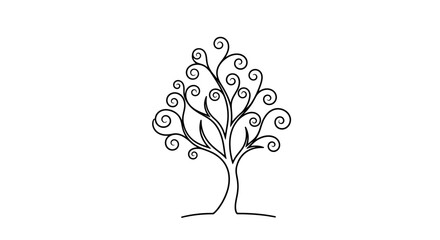 A stylized, decorative tree with swirling branches and leaves, drawn in a simple black line art style on a white background.