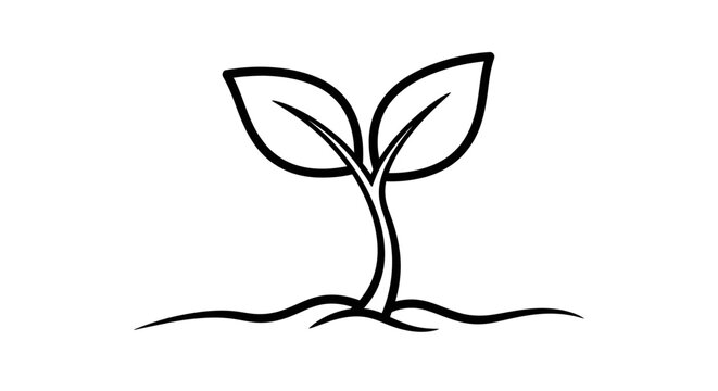 A simple black and white line drawing of a young plant sprouting from the soil.