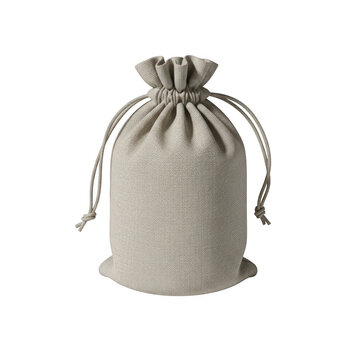 A small beige drawstring bag made of a textured fabric isolated on white background